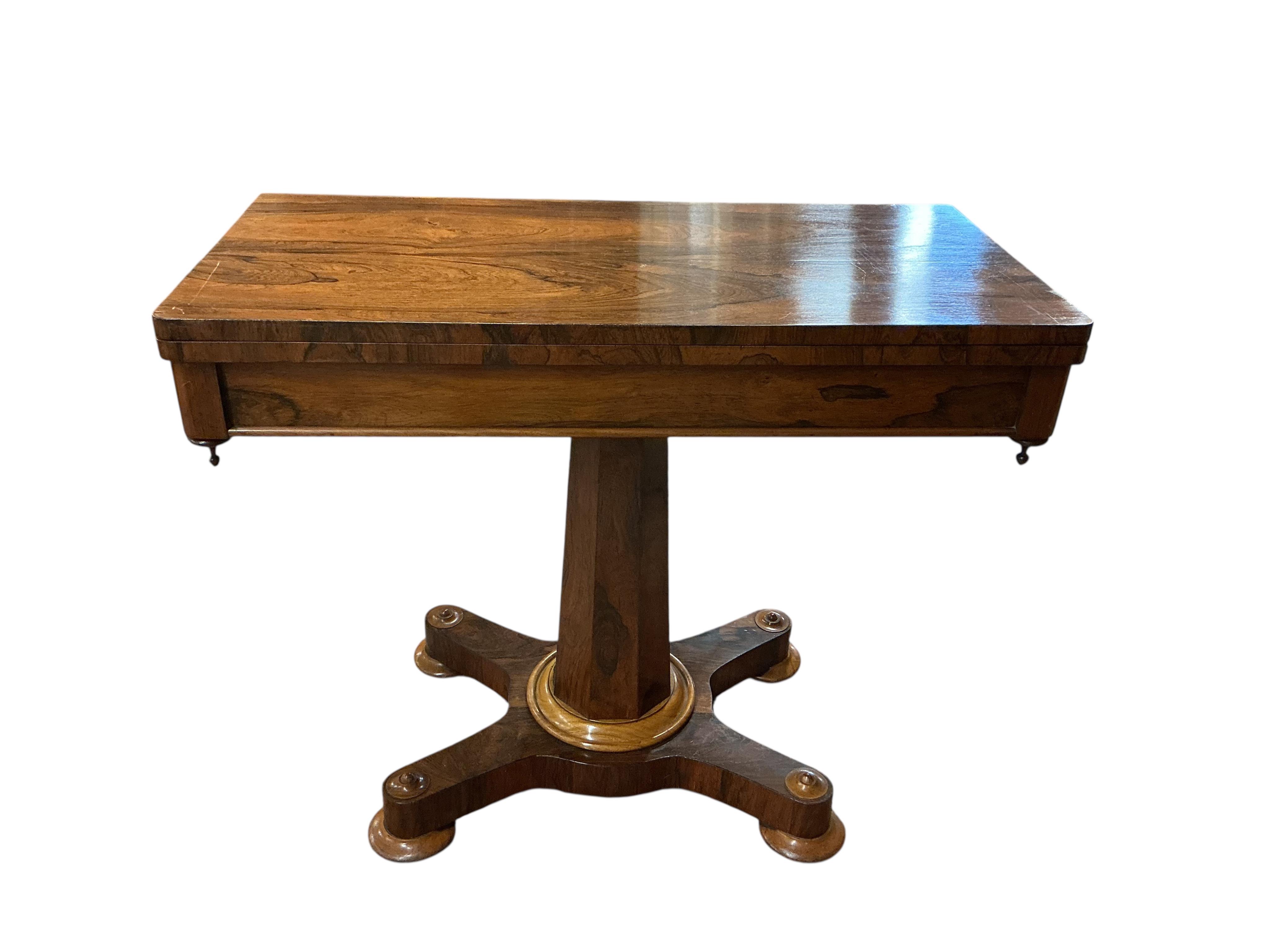 An early Victorian rectangular rosewood folding card table, width 91cm, depth 45cm, height 77cm
